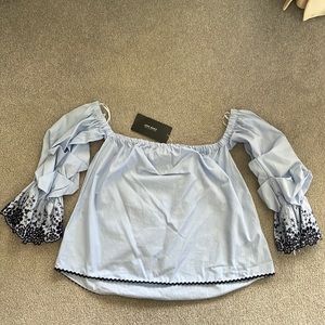 Zara off the shoulder blue and white striped shirt